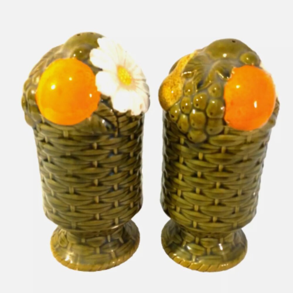 Antique Salt+Pepper Ceramic Shakers Basket Weave w/Flowers Hand Painted Tall